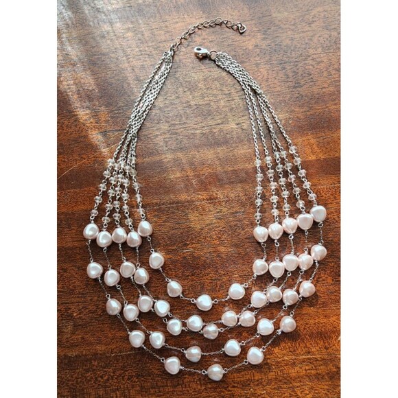 Multi Strand Pink Faux Pearl Silver Chain Beaded Layered Necklace 16" Adjustable - Picture 4 of 7